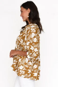 Sleeved Tops<New U Collection Marylee Mustard Garden Gathered Top