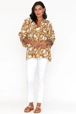 Sleeved Tops<New U Collection Marylee Mustard Garden Gathered Top