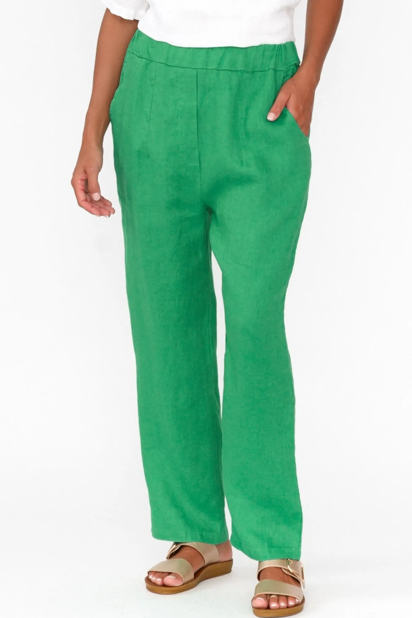 Pants<Cali and Co Marylou Green Linen Pocket Pant