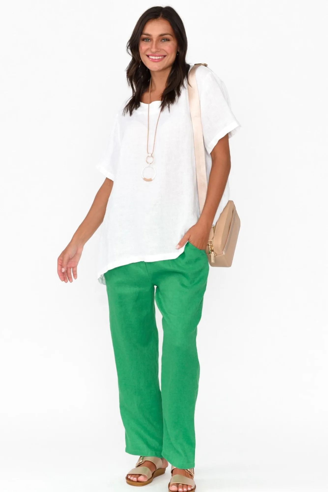 Pants<Cali and Co Marylou Green Linen Pocket Pant