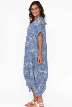 Linen Dresses<Cali and Co Mattie Blue Bird Linen Dress