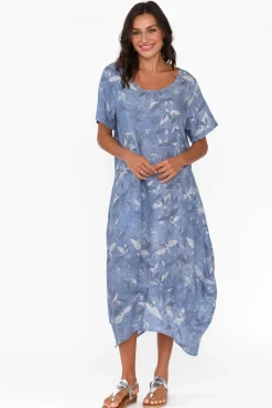 Linen Dresses<Cali and Co Mattie Blue Bird Linen Dress