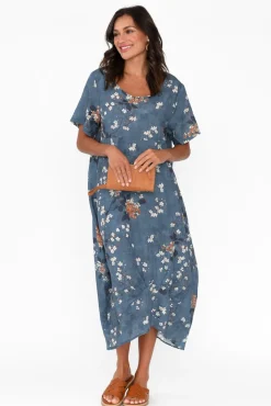 Linen Dresses<Cali and Co Mattie Blue Floral Linen Dress