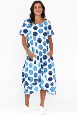 Linen Dresses<Cali and Co Mattie Blue Spot Linen Dress