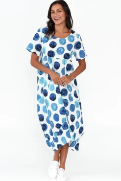 Linen Dresses<Cali and Co Mattie Blue Spot Linen Dress