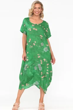 Linen Dresses<Cali and Co Mattie Green Blossom Linen Dress