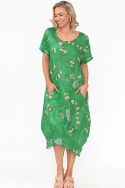 Linen Dresses<Cali and Co Mattie Green Blossom Linen Dress