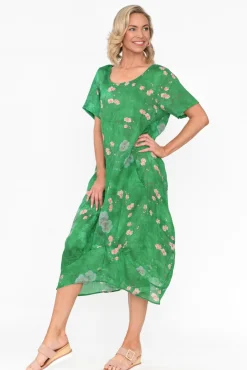 Linen Dresses<Cali and Co Mattie Green Blossom Linen Dress