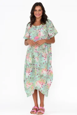 Linen Dresses<Cali and Co Mattie Mint Abstract Linen Dress
