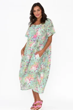 Linen Dresses<Cali and Co Mattie Mint Abstract Linen Dress