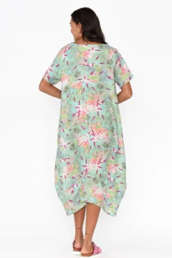 Linen Dresses<Cali and Co Mattie Mint Abstract Linen Dress