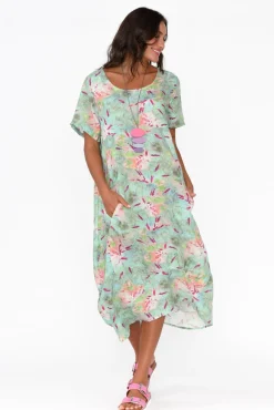 Linen Dresses<Cali and Co Mattie Mint Abstract Linen Dress