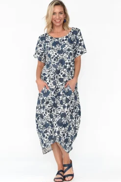 Linen Dresses<Cali and Co Mattie Navy Garden Linen Dress