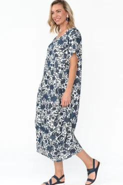 Linen Dresses<Cali and Co Mattie Navy Garden Linen Dress