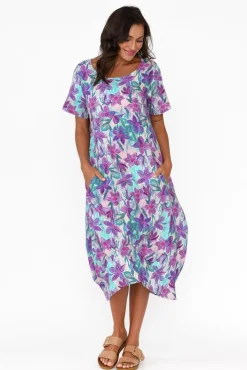 Linen Dresses<Cali and Co Mattie Purple Flower Linen Dress