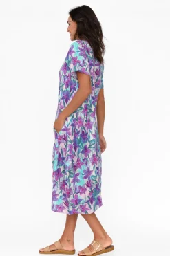 Linen Dresses<Cali and Co Mattie Purple Flower Linen Dress