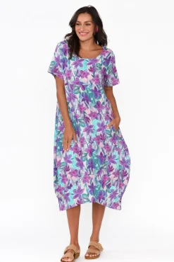 Linen Dresses<Cali and Co Mattie Purple Flower Linen Dress
