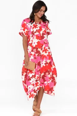 Linen Dresses<Cali and Co Mattie Red Floral Linen Dress