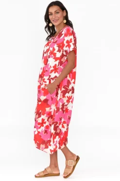 Linen Dresses<Cali and Co Mattie Red Floral Linen Dress