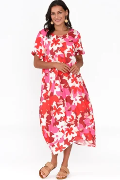 Linen Dresses<Cali and Co Mattie Red Floral Linen Dress