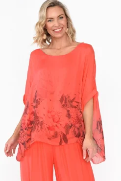 Sleeved Tops<Fabuler Mayer Coral Floral Silk Top