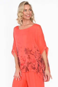 Sleeved Tops<Fabuler Mayer Coral Floral Silk Top