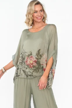 Sleeved Tops<Fabuler Mayer Sage Floral Silk Top