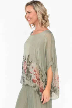 Sleeved Tops<Fabuler Mayer Sage Floral Silk Top