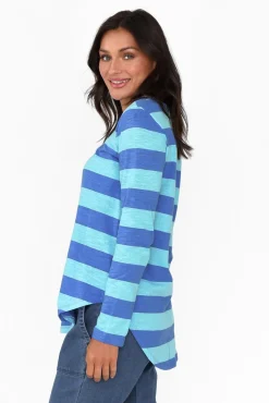Cotton Tops<Betty Basics Megan Aqua Stripe Cotton Long Sleeve Top