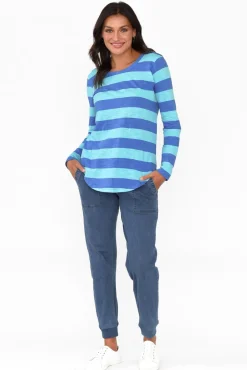 Cotton Tops<Betty Basics Megan Aqua Stripe Cotton Long Sleeve Top