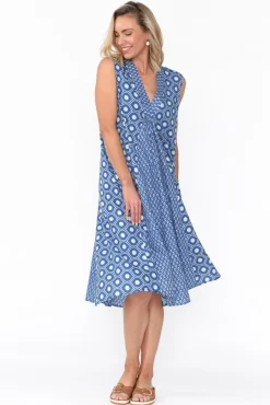 Midi Dresses<Mozaic Melina Blue Circle Cotton Dress