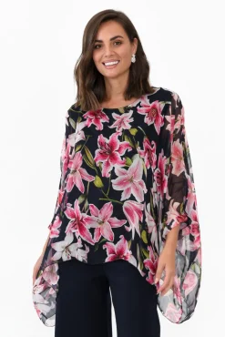 Sleeved Tops<L'amore Melvina Navy Floral Layer Top