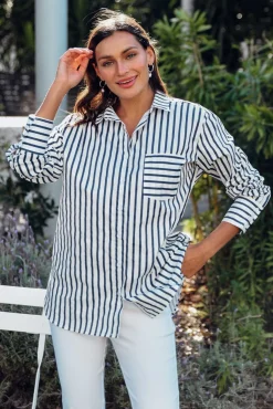 Cotton Tops<Circ The Label Merril Navy Stripe Cotton Poplin Shirt