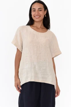 Linen Tops<Cali and Co Micah Beige Linen Scoop Neck Top