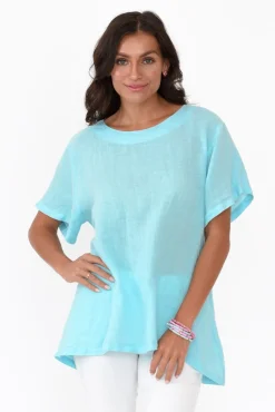 Linen Tops<Cali and Co Micah Blue Linen Scoop Neck Top