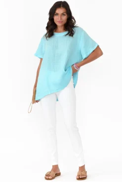 Linen Tops<Cali and Co Micah Blue Linen Scoop Neck Top
