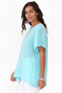Linen Tops<Cali and Co Micah Blue Linen Scoop Neck Top
