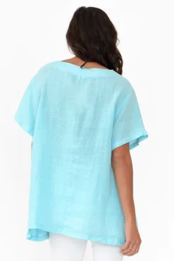 Linen Tops<Cali and Co Micah Blue Linen Scoop Neck Top