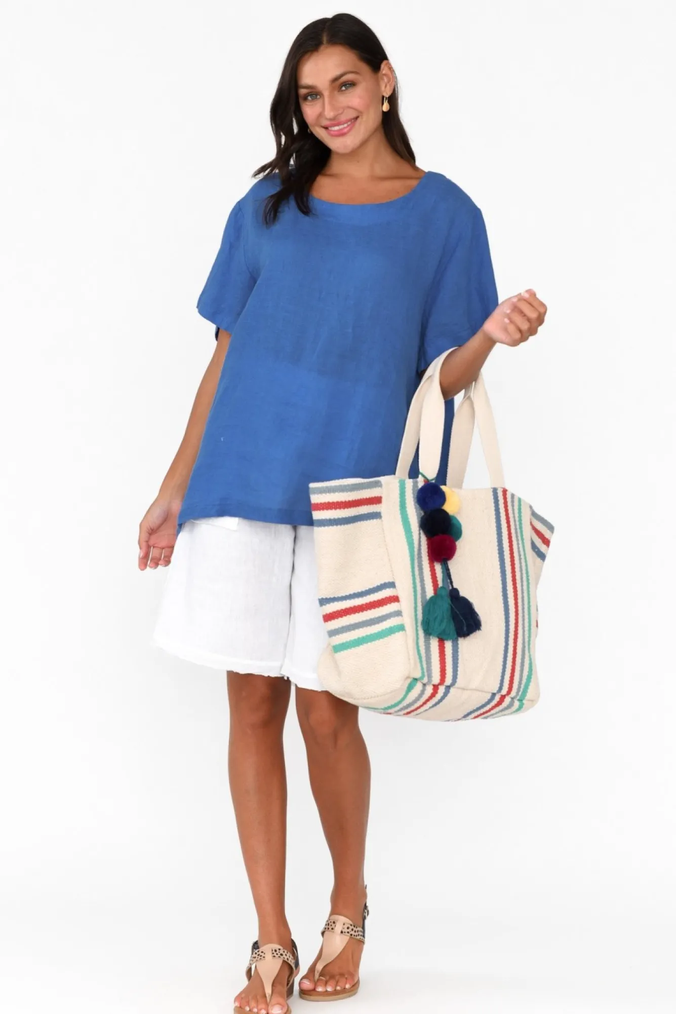 Linen Tops<Cali and Co Micah Cobalt Linen Scoop Neck Top