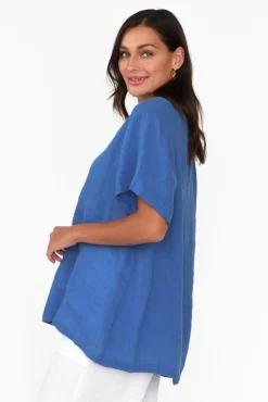 Linen Tops<Cali and Co Micah Cobalt Linen Scoop Neck Top