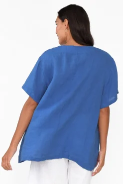 Linen Tops<Cali and Co Micah Cobalt Linen Scoop Neck Top