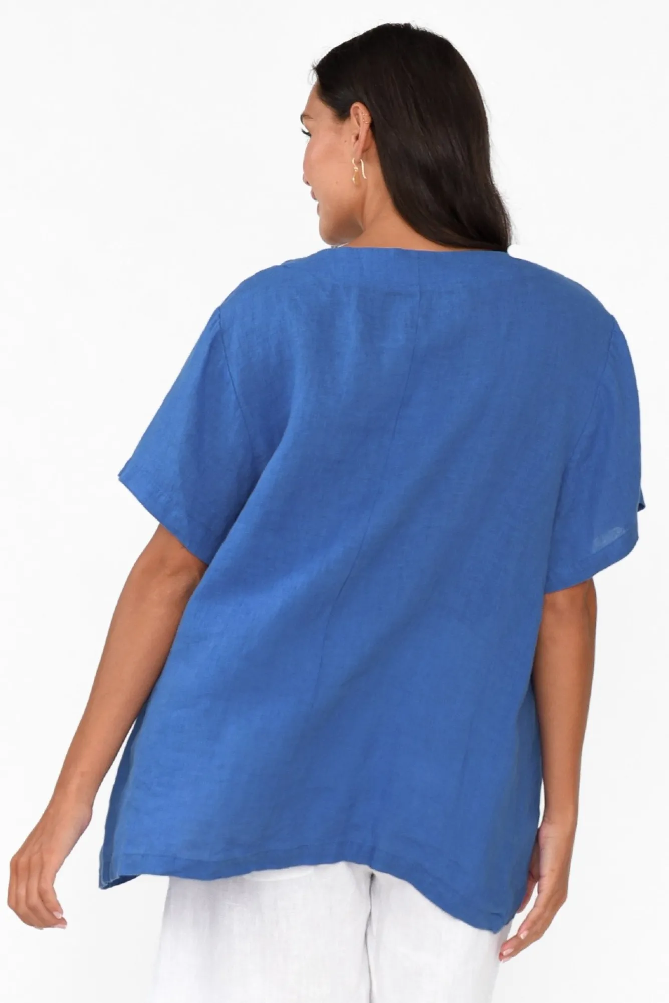 Linen Tops<Cali and Co Micah Cobalt Linen Scoop Neck Top