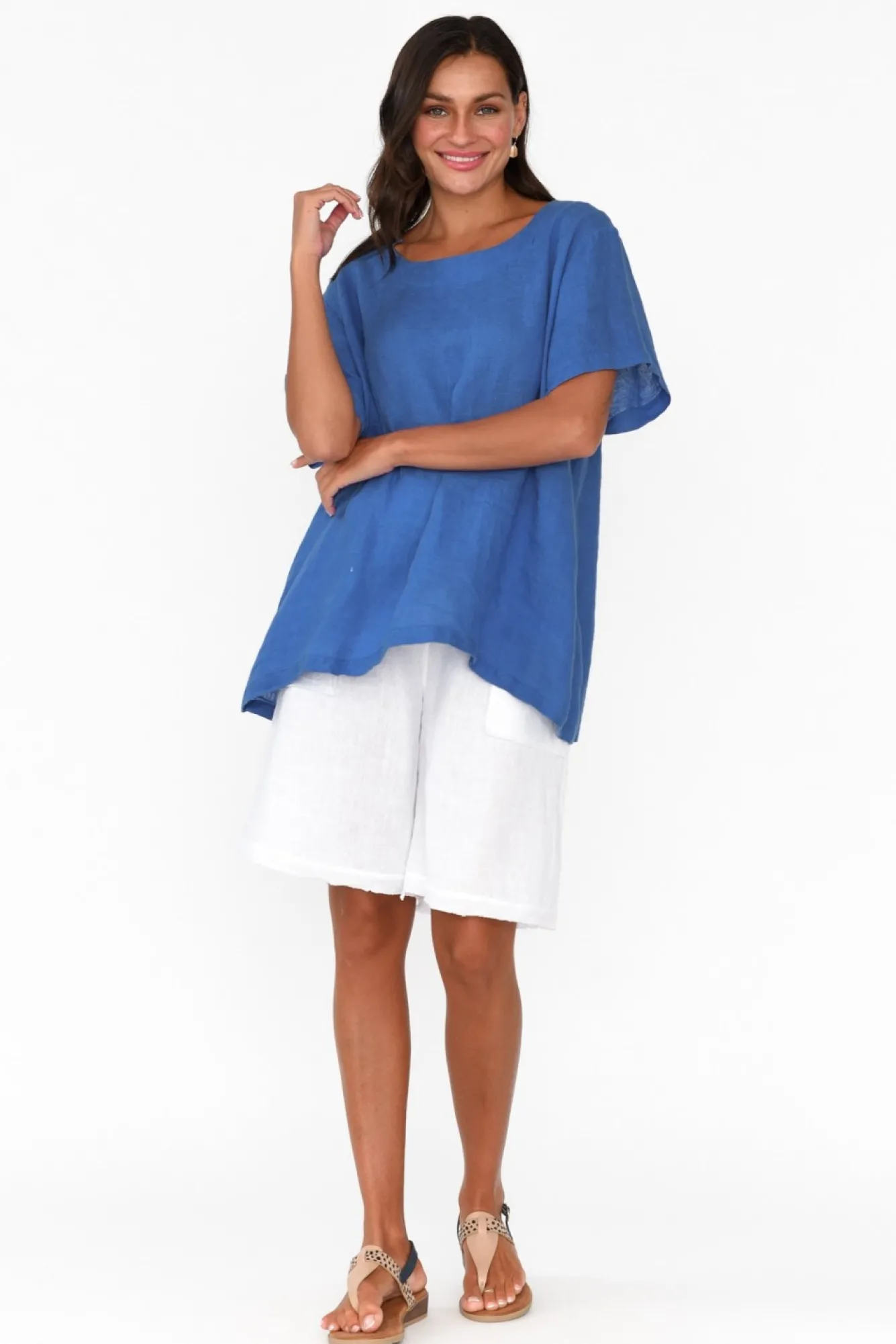 Linen Tops<Cali and Co Micah Cobalt Linen Scoop Neck Top