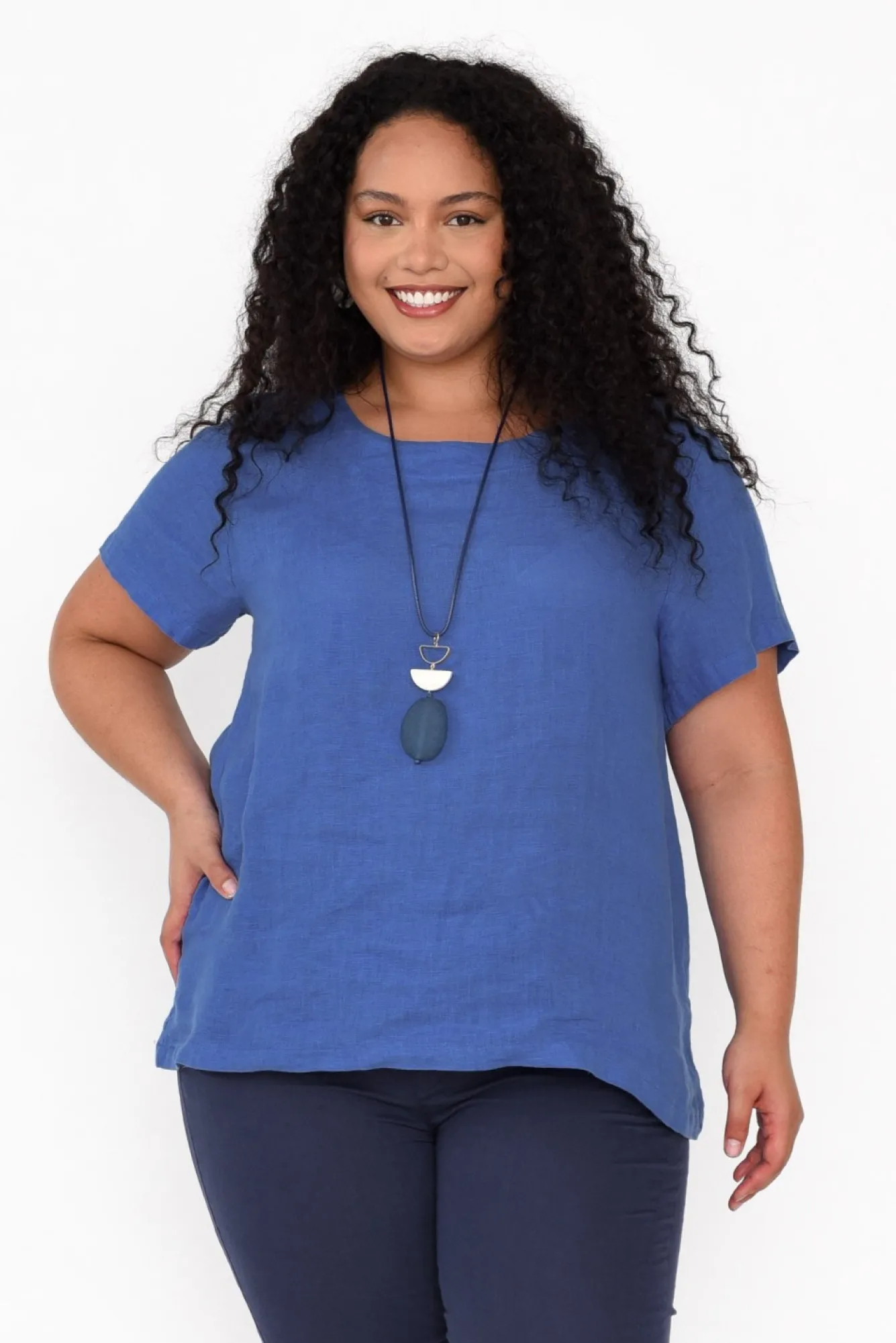 Linen Tops<Cali and Co Micah Cobalt Linen Scoop Neck Top