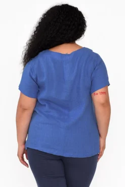 Linen Tops<Cali and Co Micah Cobalt Linen Scoop Neck Top