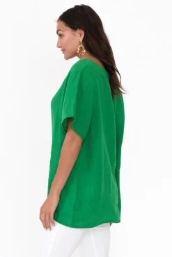 Linen Tops<Cali and Co Micah Green Linen Scoop Neck Top