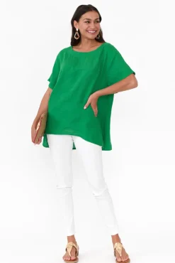 Linen Tops<Cali and Co Micah Green Linen Scoop Neck Top