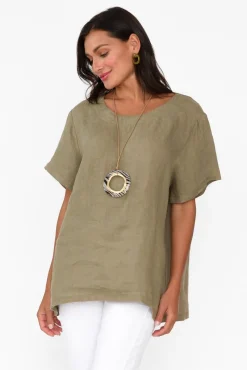 Linen Tops<Cali and Co Micah Khaki Linen Scoop Neck Top