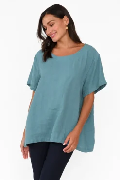 Linen Tops<Cali and Co Micah Teal Linen Scoop Neck Top