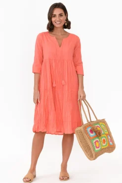 Cotton Dresses<One Summer Milana Coral Crinkle Cotton Dress